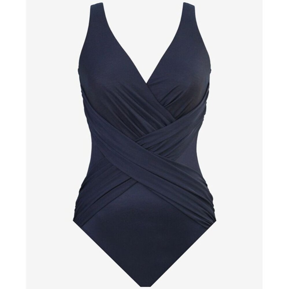 Miraclesuit Palma Navy Illusionist Crossover Allover Slimming One Piece Swimsuit